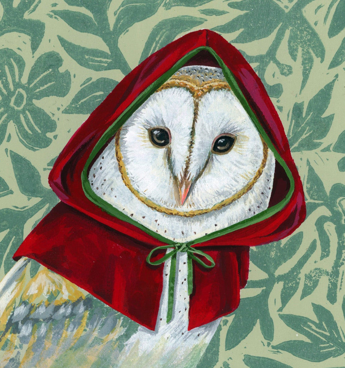 Owl wearing a red hood with a floral patterned background