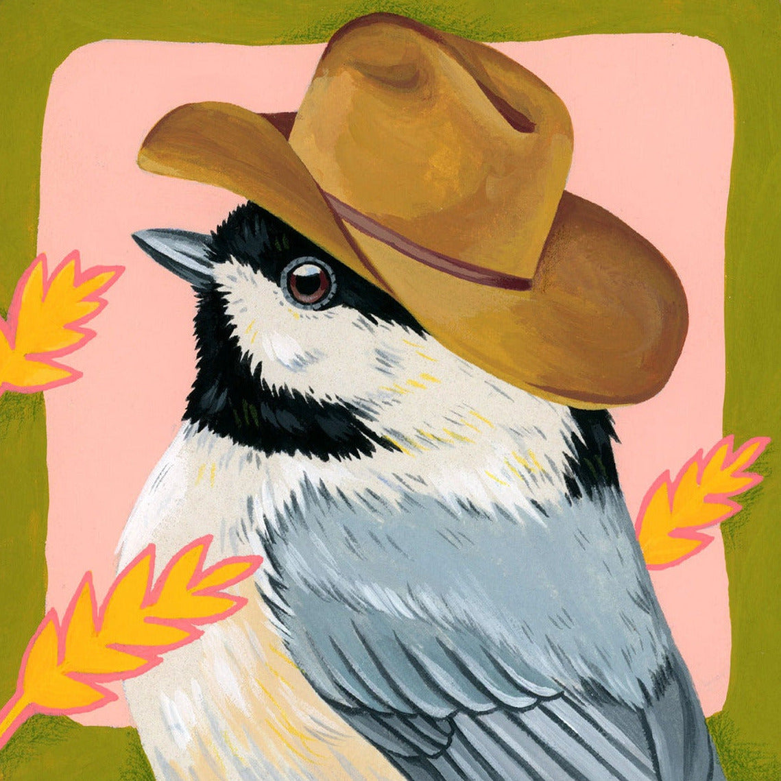 Illustration of a bird wearing a cowboy hat with a pink background