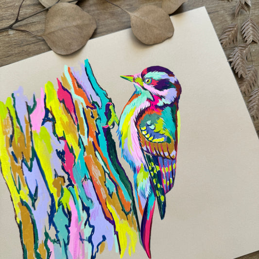 Rainbow Downy Woodpecker | Original Painting